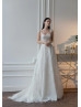 Square Neck Ivory Glitter Lace Tulle Open Back Wedding Dress